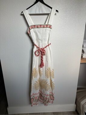Spartina 449 White Maxi Dress with Gold and Coral Embroidery